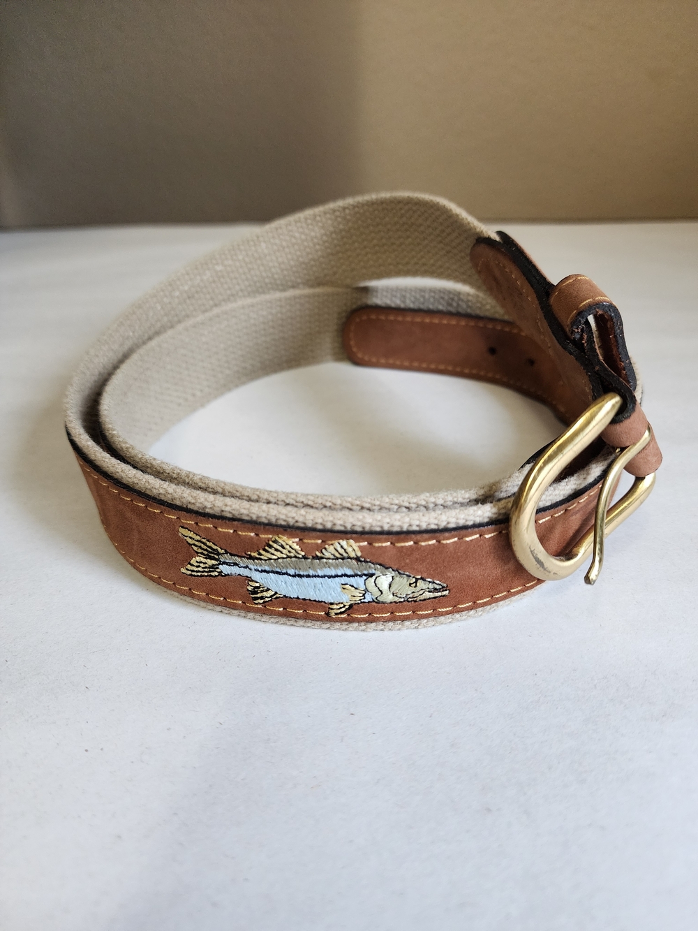 Men's Zep-Pro Beige and Brown Canvas Leather Belt with Bass Fish Embroidery 42